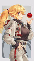 Rule 34 | 1girl, apple, artist name, belt, black belt, black shirt, blonde hair, commentary, cowboy shot, drawstring, food, from side, fruit, grey pants, hair intakes, hair ornament, hair ribbon, hairclip, hand on own hip, highres, hood, hood down, hooded jacket, jacket, jewelry, long hair, long sleeves, looking at viewer, mitake eil, motion lines, necklace, open clothes, open jacket, open mouth, original, pants, ponytail, purple eyes, red ribbon, ribbon, shirt, signature, smile, solo, standing