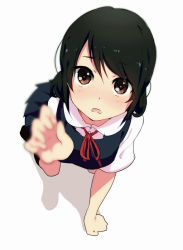Rule 34 | 1girl, all fours, bad id, bad pixiv id, black hair, blurry, blush, brown eyes, depth of field, looking at viewer, ogipote, open mouth, original, outstretched arm, outstretched hand, school uniform, shirt, simple background, skirt, skirt set, solo, vest, white background