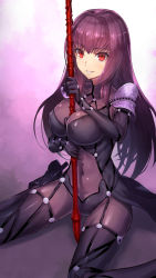Rule 34 | 1girl, armor, between breasts, bodysuit, breasts, covered navel, fate/grand order, fate (series), gae bolg (fate), highres, large breasts, legs, long hair, looking at viewer, pauldrons, polearm, purple bodysuit, purple hair, red eyes, scathach (fate), scathach (fate), sexually suggestive, shouhei, shoulder armor, sitting, smile, solo, spear, thighs, weapon
