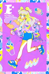 Rule 34 | 1990s (style), 1girl, :d, animal, ankleband, blonde hair, blue eyes, blue footwear, blue shorts, blush stickers, border, colorful, commentary request, earrings, fish, fringe trim, full body, grey hair, heart, highres, holding, innertube, inuha dog wave, jewelry, leg up, long hair, long sleeves, looking at viewer, open mouth, original, pink background, pink ribbon, pink shirt, print shirt, retro artstyle, ribbon, sandals, shirt, shorts, smile, solo, swim ring, turning head, wavy hair