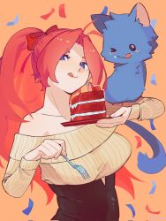 Rule 34 | 1girl, :q, animal, animal on shoulder, bare shoulders, blue cat, blue eyes, breasts, cat, confetti, corrupted twitter file, dress, epic battle fantasy, food, fork, fruit, hair ribbon, highres, holding, holding food, holding fork, holding plate, large breasts, long hair, long sleeves, natalie (epic battle fantasy), nolegs (epic battle fantasy), nounreverse, off-shoulder dress, off shoulder, orange hair, parted bangs, plate, red ribbon, ribbed dress, ribbon, strawberry, tongue, tongue out, underbust, upper body