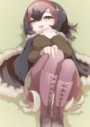 Rule 34 | 1girl, 9735aoitora, :d, bird tail, black hair, blush, boots, brown skirt, brown sweater, commentary request, dodo (kemono friends), empty eyes, hair between eyes, hair ornament, hairband, hand on own chest, hand on own knee, hands on own knees, highres, kemono friends, looking at viewer, multicolored hair, open mouth, pantyhose, pink footwear, pink hair, pink pantyhose, poncho, red hairband, short hair, skirt, smile, solo, sweater, tail, two-tone hair, yellow eyes