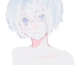 Rule 34 | 10 io, 1girl, bad id, bad twitter id, bare shoulders, blue eyes, collarbone, commentary request, highres, looking at viewer, original, parted lips, portrait, short hair, simple background, solo, tearing up, teeth, upper body, white background, white hair