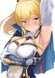 Rule 34 | 1girl, arm behind head, arm up, armpits, blonde hair, blue eyes, blush, breasts, capelet, cleavage, genshin impact, highres, jean (genshin impact), large breasts, long hair, looking at viewer, multicolored capelet, ponytail, shochiku, simple background, solo, white background