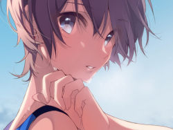Rule 34 | 1girl, bare shoulders, blue eyes, blue sky, brown hair, close-up, day, earrings, eyelashes, from side, hand on own shoulder, jewelry, light smile, looking at viewer, looking to the side, original, parted lips, portrait, short hair, sky, solo, stud earrings, umiko (munemiu), upper body, water, water drop