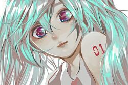 1girl bare_shoulders blue_eyes blue_hair eyelashes hair_between_eyes hatsune_miku konnyakutarooou light_blue_hair lips long_hair looking_at_viewer multicolored_eyes number_tattoo pink_eyes shoulder_tattoo simple_background solo tattoo upper_body vocaloid white_background