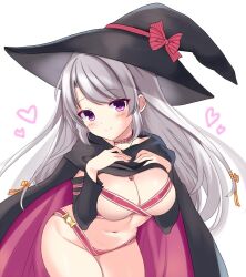 Rule 34 | 1girl, ayachi nene, belt, belt bra, belt collar, black cloak, blush, bow, breasts, cleavage, cloak, closed mouth, collar, commentary request, cowboy shot, curvy, detached sleeves, eyelashes, floating hair, grey hair, groin, hair ribbon, hands up, hat, hat bow, head tilt, heart, large breasts, leaning forward, long hair, long sleeves, looking at viewer, midriff, miyako (mongcocoa), navel, pink belt, purple eyes, red bow, ribbon, sanoba witch, sidelocks, simple background, skindentation, smile, solo, standing, stomach, straight hair, swept bangs, tsurime, very long hair, white background, witch, witch hat, yellow ribbon