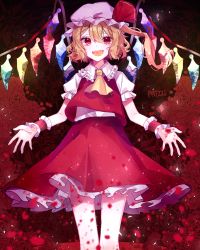 Rule 34 | 1girl, artist name, ascot, bad id, bad pixiv id, blonde hair, commentary request, flandre scarlet, frills, hat, hat ribbon, highres, looking at viewer, mob cap, open mouth, patzzi, petticoat, puffy short sleeves, puffy sleeves, red eyes, red ribbon, ribbon, short sleeves, side ponytail, solo, thighs, touhou, wings, wrist cuffs, yellow ascot