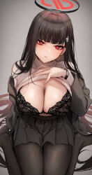 Rule 34 | 1girl, black bra, black hair, black pantyhose, black skirt, black suit, blue archive, blunt bangs, blush, bra, breasts, business suit, cleavage, clothes lift, danimaru, formal, hair ornament, hairclip, halo, highres, large breasts, lips, long hair, looking at viewer, pantyhose, pleated skirt, red eyes, rio (blue archive), skirt, solo, suit, sweater, sweater lift, turtleneck, turtleneck sweater, underwear, white sweater
