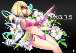 Rule 34 | 1girl, bikini, blonde hair, breasts, cleavage, cyborg, floral background, flower, large breasts, lily (flower), mechanical arms, mechanical parts, navel, original, outstretched hand, parted lips, pink bikini, short hair, side-tie bikini bottom, single mechanical arm, solo, strap gap, sunglasses, swimsuit, t-track, teeth, thighs, white flower