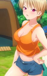 Rule 34 | 1girl, azuma haruki, breasts, cleavage, crop top, denim, denim shorts, harem camp!, highres, large breasts, light brown hair, looking at viewer, medium breasts, nature, navel, open mouth, outdoors, purple eyes, shirt, shorts, sleeveless, sleeveless shirt, solo, tank top