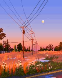 Rule 34 | cable, commentary, english commentary, evening, flower, full moon, gradient sky, grass, jubilee (8pxl), moon, no humans, original, outdoors, pixel art, puddle, scenery, sky, sunset, tree, utility pole, water