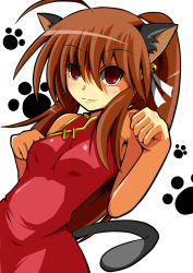Rule 34 | animal ears, bell, brown hair, cat ears, cat tail, china dress, chinese clothes, dress, little busters!, long hair, natsume rin, nyan, ponytail, red eyes, shin-mottie, solo, tail