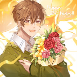 Rule 34 | 1boy, 2021, :d, bouquet, brown eyes, brown hair, collared shirt, dated, flower, green jacket, h haluhalu415, happy birthday, highres, holding, holding bouquet, jacket, long sleeves, looking at viewer, luke pearce (tears of themis), male focus, open mouth, pink flower, pink rose, red flower, red rose, rose, shirt, smile, solo, tears of themis, white shirt, yellow flower