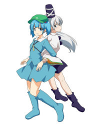 Rule 34 | 2girls, blue eyes, blue footwear, blue hair, blue shirt, blue skirt, boots, cato (monocatienus), commentary request, full body, green hat, grin, hat, japanese clothes, kariginu, kawashiro nitori, locked arms, long hair, long sleeves, looking at viewer, mononobe no futo, multiple girls, pom pom (clothes), ponytail, rubber boots, shirt, short hair, short twintails, simple background, skirt, skirt set, smile, tate eboshi, thighs, touhou, twintails, two side up, white background, wide sleeves
