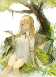 Rule 34 | 1girl, blonde hair, blue eyes, bottomless, collared shirt, computer, computer tower, feet out of frame, grass, grin, hand up, highres, holding, holding stylus, kemomin nosuke, long hair, looking at viewer, monitor, moss, neck ribbon, no pants, no pupils, original, outdoors, plant, ribbon, shirt, sitting, smile, soaking feet, solo, stylus, tree, water, white background, white shirt
