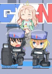 Rule 34 | 10s, ^ ^, absurdres, anger vein, angry, armor, ballistic shield, bc freedom (emblem), black footwear, black hair, black hat, black jacket, black pants, blonde hair, blue eyes, body armor, boots, brown eyes, brown footwear, brown skirt, cake, casual, character name, chest plate, chibi, closed eyes, closed mouth, commentary request, dark skin, drill hair, eating, emblem, english text, faceplate, fang, food, french flag, frown, gauntlets, gign, girls und panzer, glaring, green shirt, grimace, hat, helmet, highres, holding, jacket, kshimu, letter, long hair, long sleeves, looking at another, messy hair, montagne (rainbow six siege), on one knee, open mouth, pants, pauldrons, plate, raglan sleeves, rainbow six siege, riot shield, rook (rainbow six siege), shield, shirt, shoulder armor, sitting, skirt, smile, tactical clothes, utensil in mouth