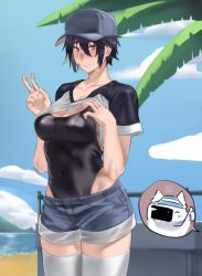 Rule 34 | 1girl, bandaid, bandaid on breast, bandaid on cheek, bandaid on face, baseball cap, black hair, black one-piece swimsuit, blue sky, breasts, cat, chibi, chibi inset, cleavage, day, denim, denim shorts, embarrassed, exhibitionism, hair between eyes, hat, highres, hunyan, legs together, lifted by self, medium breasts, object on head, ocean, one-piece swimsuit, original, panties, panties on head, pink eyes, public indecency, raglan sleeves, shirt, shorts, sky, solo focus, standing, sweatdrop, swimsuit, swimsuit under clothes, t-shirt, taking picture, thighhighs, tomboy, underwear, v, white thighhighs