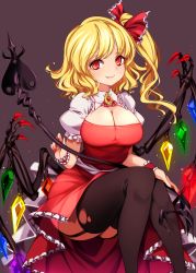 Rule 34 | 1girl, absurdres, aged up, alternate breast size, ascot, blonde hair, bow, breasts, crystal, fang, flandre scarlet, frilled shirt collar, frilled sleeves, frills, hat, hat ribbon, highres, laevatein, large breasts, medium hair, one side up, puffy short sleeves, puffy sleeves, raptor7, red bow, red eyes, red ribbon, red skirt, red vest, ribbon, shirt, short hair, short sleeves, skirt, solo, touhou, vest, white shirt, wings, yellow ascot