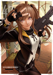 Rule 34 | 1girl, 404 (girls&#039; frontline), absurdres, black gloves, blush, brown eyes, brown hair, girls&#039; frontline, gloves, h&amp;k ump, h&amp;k ump, hair between eyes, hair ornament, hairclip, highres, jacket, long hair, looking at viewer, okita, pantyhose, realistic, ribbon, scar, scar across eye, scar on face, shirt, skirt, smile, twintails, ump9 (girls&#039; frontline)