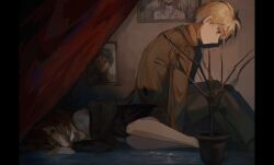 Rule 34 | 2boys, atou haruki, black jacket, black pants, blonde hair, brown hair, brown jacket, brown shorts, brown sweater, chinese commentary, commentary request, curtains, highres, indoors, isoi haruki, jacket, long sleeves, lying, male focus, multiple boys, on side, pants, plant, portrait (object), potted plant, red curtains, red eyes, saibou shinkyoku, shirt, short hair, shorts, sitting, spoilers, sweater, tatsujin show, turtleneck, turtleneck sweater, white shirt
