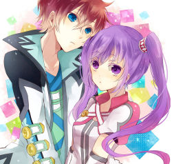 Rule 34 | 1boy, 1girl, alternate costume, asbel lhant, bad id, bad pixiv id, blue eyes, brown hair, chidori (@rom), coat, colored eyelashes, couple, cropped jacket, detached sleeves, eyelashes, hetero, long hair, official alternate costume, purple eyes, purple hair, short hair, sophie (tales), tales of (series), tales of graces, twintails