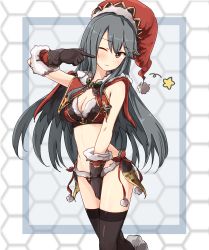 Rule 34 | 1girl, ame-rain, bikini, black hair, black thighhighs, blush, breasts, brown eyes, christmas, clarisse (granblue fantasy), clarisse (granblue fantasy) (cosplay), commentary request, cosplay, covering privates, covering crotch, cowboy shot, embarrassed, hair ornament, hairclip, haruna (kancolle), hat, hex grid, highres, honeycomb (pattern), honeycomb background, honeycomb pattern, kantai collection, long hair, navel, one eye closed, parody, pointing, pointing at self, ribbon, santa hat, sketch, solo, star (symbol), swept bangs, swimsuit, thighhighs, upper body, very long hair