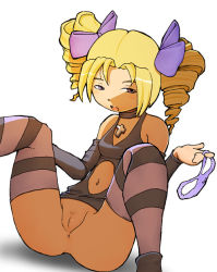 Rule 34 | 1girl, annie murakami, cleft of venus, cross, drill hair, kona (hakurikiko), no panties, rage of the dragons, ribbon, snk, solo, striped clothes, striped thighhighs, thighhighs, twintails