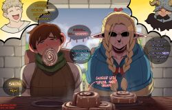 Rule 34 | 1girl, 3boys, angry, biting, blackwhiplash, blonde hair, blush, braid, brown hair, chilchuck tims, clothes, dungeon meshi, elf, english text, food, food bite, food in mouth, large ears, long hair, marcille donato, multiple boys, pointy ears, short hair, sitting, speech bubble, table, thought bubble, twin braids, twintails