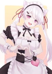 Rule 34 | 1girl, apron, black ribbon, breasts, cleavage, collar, corset, frilled apron, frilled collar, frills, hair ornament, hair ribbon, hairclip, heart, heart hands, highres, large breasts, looking at viewer, low twintails, maid, maid apron, maid headdress, nana72710193, neck ribbon, nijisanji, official alternate costume, open mouth, pink eyes, pink hair, puffy short sleeves, puffy sleeves, red ribbon, ribbon, shiina yuika, shiina yuika (5th costume), short sleeves, smile, solo, twintails, virtual youtuber, white apron, white hair, wrist cuffs