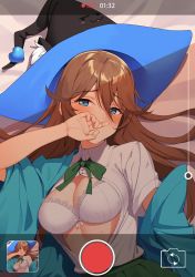 Rule 34 | 1girl, :3, bad id, bad pixiv id, blue eyes, blush, breasts, brown hair, cellphone, character request, collared shirt, copyright request, covered mouth, embarrassed, from above, goumudan, hair between eyes, hair flaps, highres, large breasts, long hair, looking at viewer, lying, navel, on back, on bed, open clothes, open shirt, phone, photo (object), shirt, smartphone, solo focus, tears, unbuttoned, unbuttoned shirt, upper body, viewfinder