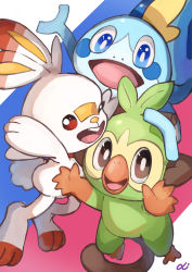 Rule 34 | absurdres, anko2552, blue eyes, brown eyes, creature, creatures (company), game freak, gen 8 pokemon, green hat, grookey, hat, highres, looking at viewer, nintendo, no humans, open mouth, pokemon, pokemon (creature), scorbunny, simple background, smile, sobble, starter pokemon trio, teeth, upper teeth only