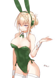 Rule 34 | 1girl, alternate costume, animal ears, blonde hair, bow, bowtie, braid, braided bun, commentary request, detached collar, green bow, green bowtie, green leotard, hair bun, highleg, highleg leotard, highres, kantai collection, leotard, long hair, one-hour drawing challenge, perth (kancolle), playboy bunny, purple eyes, rabbit ears, side-tie leotard, solo, tetsukuzu (yajirushi shita), thighhighs, white thighhighs, wrist cuffs