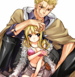 Rule 34 | 1boy, 1girl, bikini, bikini top only, blonde hair, blush, breasts, brown eyes, cleavage, coat, couple, covering privates, covering breasts, fairy tail, fur trim, hand on another&#039;s head, headphones, hetero, large breasts, laxus dreyar, lucy heartfilia, scar, skirt, strib und werde, swimsuit, torn clothes
