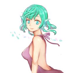 Rule 34 | 1girl, absurdres, aqua eyes, aqua hair, back, backless dress, backless outfit, bare back, clarice amber, dress, fins, from behind, head fins, highres, looking at viewer, looking back, pop-up story, short hair, simple background, siren (mythology), smile, solo, vetica, white background
