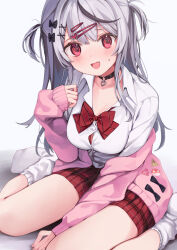 Rule 34 | 1girl, @ @, absurdres, between legs, black bow, black collar, black hair, blush, bow, bowtie, cardigan, collar, commentary, fang, full body, grey hair, hair bow, hair ornament, hairclip, hand between legs, heart pendant, highres, hololive, kashuu (pixiv 66328082), long sleeves, looking at viewer, miniskirt, multicolored hair, no shoes, o-ring, off shoulder, open mouth, pink cardigan, plaid, plaid skirt, red bow, red bowtie, red eyes, sakamata chloe, school uniform, shirt, sign, sitting, skin fang, skirt, sleeves past wrists, socks, solo, streaked hair, sweatdrop, two side up, virtual youtuber, wariza, warning sign, white background, white shirt, white socks, x hair ornament