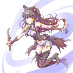 Rule 34 | 1girl, alternate costume, animal ears, armor, black footwear, black hair, black thighhighs, blake belladonna, blue eyes, boots, breasts, bridal gauntlets, cat ears, cleavage, copyright request, cross-laced footwear, dual wielding, fake animal ears, full body, headband, heterochromia, highres, holding, iesupa, lace-up boots, navel, rwby, shoulder armor, solo, thigh boots, thighhighs, yellow eyes