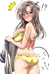 Rule 34 | !?, &gt;:3, 10s, 1girl, :3, ^^^, antenna hair, ar (lover boy), ass, bare arms, bare shoulders, blue ribbon, blush, bra, breasts, brown hair, butt crack, closed mouth, cowboy shot, flat ass, from behind, full-face blush, green eyes, hair between eyes, hair ribbon, hands up, highres, holding, holding clothes, kantai collection, kinugasa (kancolle), large breasts, long hair, looking at viewer, looking back, nose blush, o3o, panties, parted bangs, pout, ribbon, school uniform, serafuku, shiny skin, short ponytail, short sleeves, side ponytail, sideboob, simple background, solo, strap slip, sweatdrop, twisted torso, underwear, undressing, v-shaped eyebrows, white background, yellow bra, yellow panties