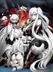 Rule 34 | 10s, 3girls, abyssal ship, aircraft carrier princess, armor, ass, barefoot, black panties, breasts, cleavage, colored skin, drooling, covered erect nipples, feet, gloves, highres, horns, huge breasts, kantai collection, kneeling, long hair, looking at viewer, midway princess, monster, multiple girls, neroma shin, northern ocean princess, one side up, open mouth, pale skin, panties, red eyes, side ponytail, soles, thong, toes, tongue, tongue out, torn clothes, underwear, veins, very long hair, white hair, white skin