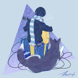 Rule 34 | 1boy, animal, bad id, bad pixiv id, black hair, box, cable, earbuds, earphones, electric guitar, facing away, from behind, gift, gift box, guitar, holding guitar, holding instrument, instrument, long sleeves, male focus, original, scarf, short hair, signature, sitting, striped clothes, striped scarf, tablet pc, takigraphic, triangle, wolf
