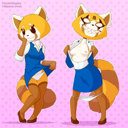 Rule 34 | 10s, 1girl, aggressive retsuko, animal ears, artist name, blue skirt, blue vest, body writing, breasts, clothes lift, collarbone, female focus, flashing, formal, full body, furry, furry female, hand on own face, hands up, highres, japanese text, legs apart, lifted by self, looking away, medium breasts, multiple views, nipples, no bra, open clothes, open shirt, outline, panties, panty pull, patreon username, pencil skirt, pigeon-toed, pink background, polka dot, polka dot background, retsuko, sharp teeth, shirt, simple background, skindentation, skirt, skirt lift, skirt suit, smile, standing, suit, tail, teeth, thighhighs, translation request, twitter username, two-tone background, underwear, vest, watermark, white eyes, white outline, white panties, white shirt, whygena