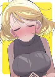 1girl blonde_hair blush breasts closed_eyes creatures_(company) earrings fujiwara_hiro_(kaede_ciao) game_freak highres incoming_kiss jewelry kiss nintendo pokemon pokemon_(anime) pokemon_journeys pokemon_swsh105 serena_(pokemon) shirt short_hair sleeveless sleeveless_shirt solo sweat zooming_in