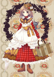 Rule 34 | 1girl, bad id, bad pixiv id, brown background, brown hair, brown hat, cat, dress, floral background, food, fruit, full body, hat, kika88, layered dress, looking at viewer, mille-feuille, original, personification, plaid, plaid dress, pocketland, red dress, red eyes, red footwear, shoes, short hair, smile, solo, standing, strawberry