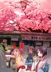 Rule 34 | 3girls, bad id, bad pixiv id, bag, black hair, book, brown eyes, brown hair, can, cherry blossoms, corn dog, crowd, food, hair ornament, holding, kashi-k, mask, multiple girls, necktie, open book, original, petals, pink hair, pinky out, plaid, plaid skirt, school bag, shirt, shop, short hair, side ponytail, skirt, sleeves rolled up, star (symbol), sweater vest, white shirt