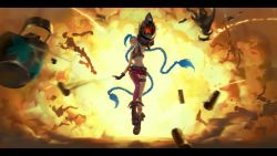Rule 34 | 1girl, belt, belt skirt, bikini, bikini top only, braid, explosion, closed eyes, fingerless gloves, flat chest, gloves, highres, jewelry, jinx (league of legends), league of legends, long hair, necklace, official art, over shoulder, pale skin, single thighhigh, smile, swimsuit, tattoo, thighhighs, twin braids, very long hair, weapon, weapon over shoulder
