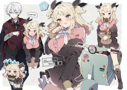 Rule 34 | 1boy, 1girl, :d, @ @, bag, belt, black pants, black ribbon, blonde hair, blue eyes, blush, boots, bow, bread, brown bow, brown eyes, brown footwear, brown jacket, buttoned cuffs, buttons, carrying, carrying person, chibi, collared shirt, food, food in mouth, formal, hair ribbon, holding, holding bag, ikeuchi tanuma, jacket, komachi (ikeuchi tanuma), long hair, long sleeves, motor vehicle, motorcycle, multiple views, neck ribbon, off shoulder, on motorcycle, open mouth, original, pants, paper bag, pink sweater, ribbon, rudy (ikeuchi tanuma), shirt, short hair, sidelocks, skirt, sleeves past fingers, sleeves past wrists, smile, suit, sweater, thighs, twitter username, two side up, white hair, white ribbon