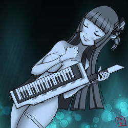 Rule 34 | 1girl, bracelet, breasts, closed mouth, d4dj, closed eyes, instrument, jewelry, keytar, long hair, medium breasts, nude, signature, smile, solo, togetsu rei, zero mozzarella