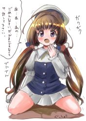 Rule 34 | 10s, 1girl, blue eyes, blue shirt, blush, brown hair, embarrassed, female focus, full body, hand to own mouth, hand up, hat, highres, hinatsuru ai, kneeling, long hair, long sleeves, looking at viewer, open mouth, peeing, peeing self, pleated skirt, puffy long sleeves, puffy sleeves, ryuuou no oshigoto!, scrunchie, shirt, simple background, sitting, skirt, solo, speech bubble, spread legs, sweat, talking, text focus, translation request, trembling, twintails, wariza, white background, white footwear, white hat, white skirt, yamabukiiro (yamabu6kiiro)
