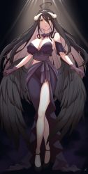 Rule 34 | 1girl, absurdres, albedo (overlord), bare shoulders, black feathers, black hair, black wings, breasts, cleavage, demon girl, demon horns, demon wings, detached collar, detached sleeves, dress, feathered wings, feathers, gloves, high heels, highres, horns, large breasts, low wings, overlord (maruyama), purple dress, purple gloves, raise094, slit pupils, white horns, wings, yellow eyes
