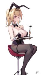 Rule 34 | animal ears, black bow, black bowtie, black leotard, bow, bowtie, breasts, champagne flute, cleavage, cup, detached collar, drinking glass, drinking straw, fake animal ears, hair intakes, han (ozrfour), heart, heart-shaped pupils, highres, holding, holding tray, leotard, nijisanji, pantyhose, playboy bunny, ponytail, rabbit ears, sitting, smile, solo, symbol-shaped pupils, thigh strap, tray, virtual youtuber, virtuareal, wrist cuffs, yukie (virtuareal)